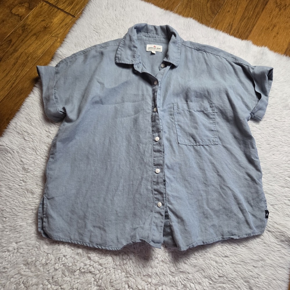 American Giant 100% Linen Button Up Shirt Women's Small Boxy Blue Short Sleeve